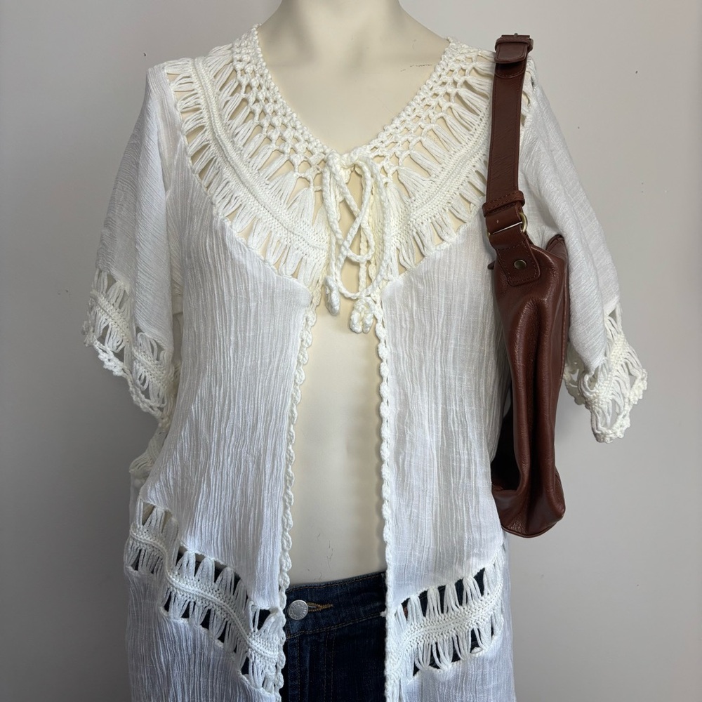 Cupshe long, white, open-front crochet cardigan, swimsuit cover-up - Picture 2 of 8